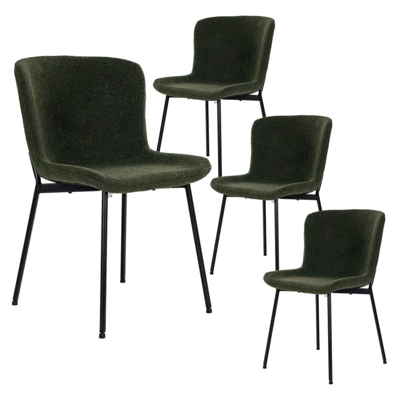 LESLI - Lot de 4 Chaises Tissu Bouclé Vert foncé Pieds Métal Noir