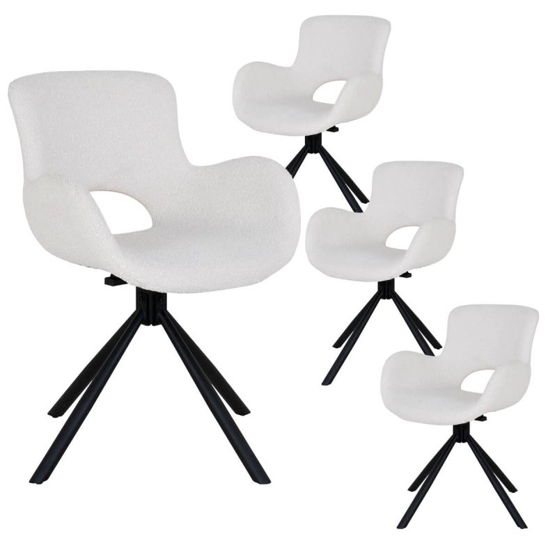 HERMOS - Lot de 4 Fauteuils de Table Tissu Bouclé Blanc Pied Pivotant Métal Noir