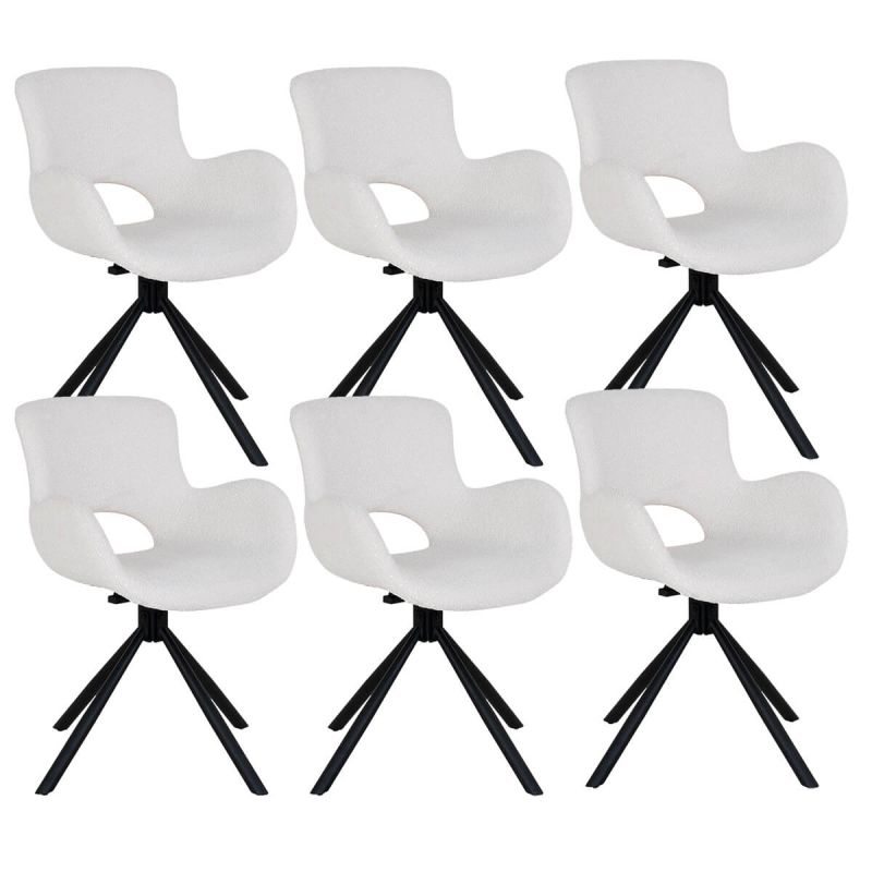 HERMOS - Lot de 6 Fauteuils de Table Tissu Bouclé Blanc Pied Pivotant Métal Noir