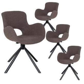 HERMOS - Lot de 4 Fauteuils de Table Tissu Bouclé Taupe Pied Pivotant Métal Noir