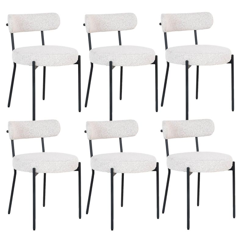 LOANA - Lot de 6 Chaises Tissu Bouclé Blanc Chiné Dossier et Pieds Métal Noir