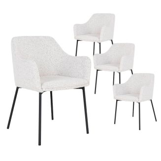 LOANA - Lot de 4 Fauteuils de Table Tissu Bouclé Blanc Chiné Pieds Métal Noir