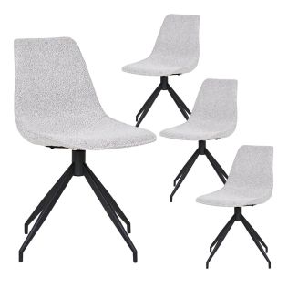 JACOB - Lot de 4 Chaises Tissu Bouclé Blanc Chiné Pied Pivotant Métal Noir