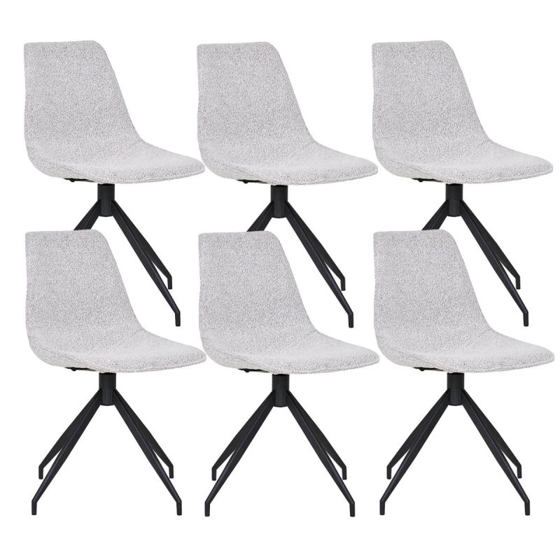 JACOB - Lot de 6 Chaises Tissu Bouclé Blanc Chiné Pied Pivotant Métal Noir