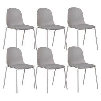 LENA - Lot de 6 Chaises Coque Polyester et Pieds Métal Gris Assise Mousse et Tissu