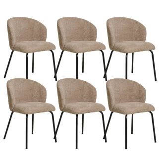 DALIDA -Lot de 6 Chaises Incurvées Tissu Bouclé Beige Pieds Métal Noir