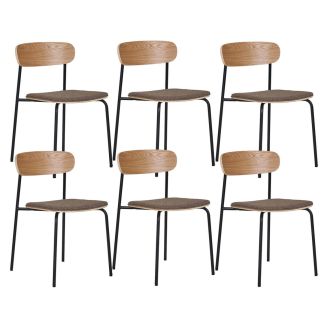 ESTELLE - Lot de 6 Chaises Dossier en Frêne Assise Tissu Pieds Métal Noir