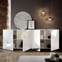 ORIANA - Buffet 4 Portes Finition Blanc Laqué Weiss avec Sérigraphies et Miroirs