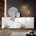 ORIANA - Buffet 4 Portes Finition Blanc Laqué Weiss avec Sérigraphies et Miroirs