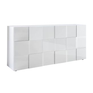 REBECCA - Buffet 3 Portes Finition Blanc Laqué Weiss Relief Damiers