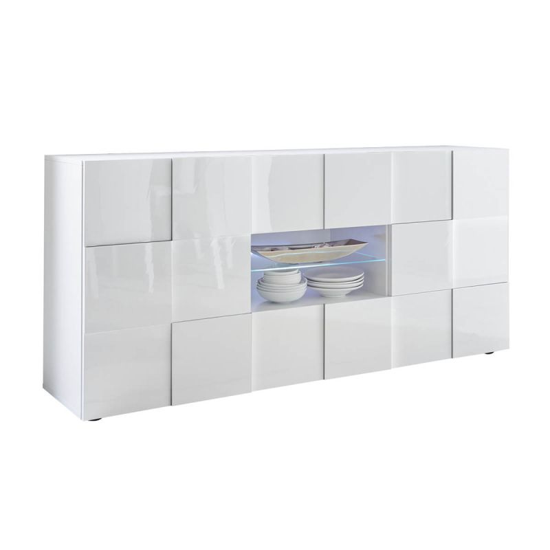 REBECCA - Buffet 2 Portes 2 Tiroirs Finition Blanc Laqué Weiss Relief Damiers et Leds