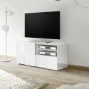 REBECCA - Meuble TV 121 cm Finition Blanc Laqué Weiss Relief Damiers et Leds