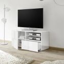 REBECCA - Meuble TV 121 cm Finition Blanc Laqué Weiss Relief Damiers et Leds