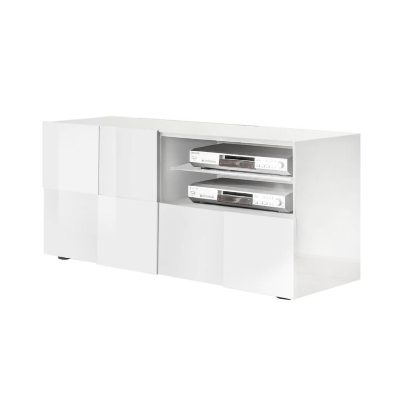 REBECCA - Meuble TV 121 cm Finition Blanc Laqué Weiss Relief Damiers et Leds