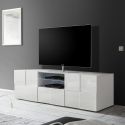 REBECCA - Meuble TV 181 cm Finition Blanc Laqué Weiss Relief Damiers et Leds