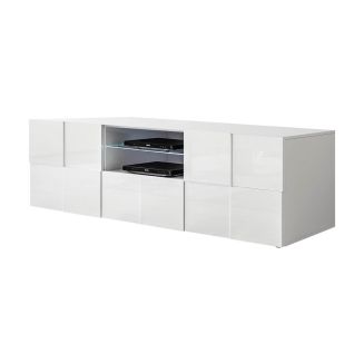 REBECCA - Meuble TV 181 cm Finition Blanc Laqué Weiss Relief Damiers et Leds