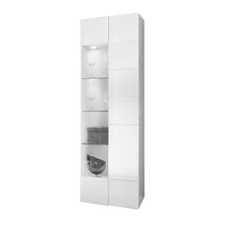 REBECCA - Vitrine 1 Porte Finition Blanc Laqué Relief Weiss Damiers et Leds