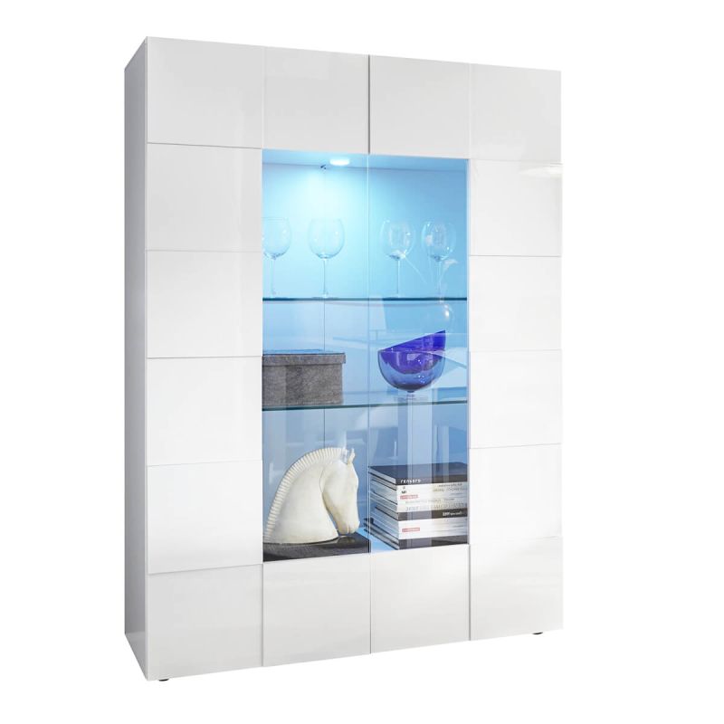 REBECCA - Vitrine 2 Portes Finition Blanc Laqué Weiss Relief Damiers et Leds