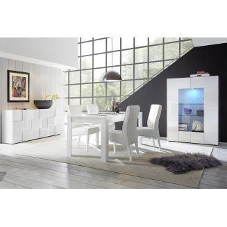 REBECCA - Ensemble Séjour Buffet 3P + Vitrine 2P Blanc Laqué Weiss Relief Damiers