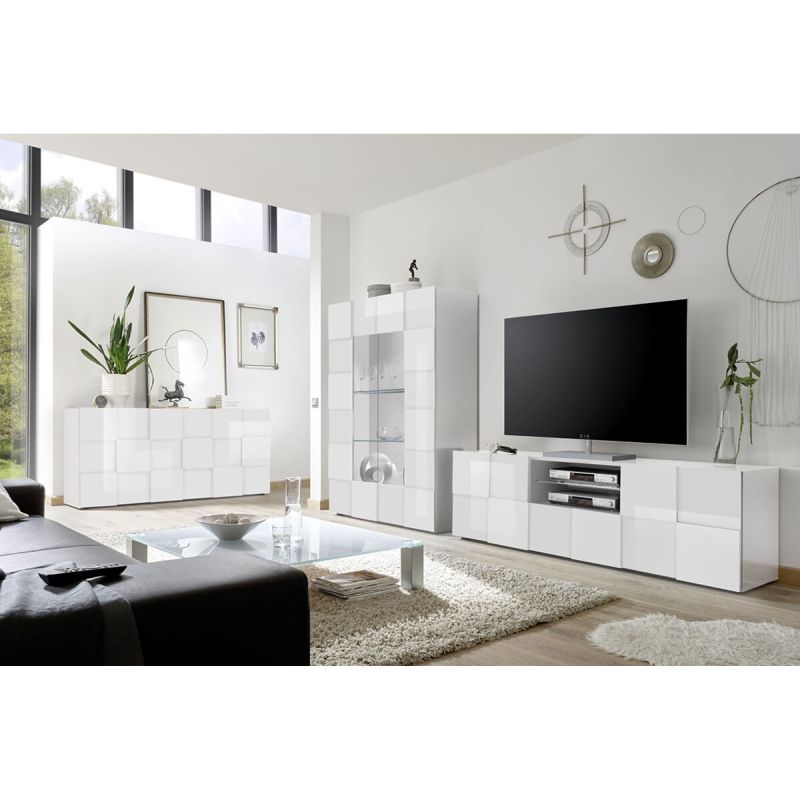 REBECCA - Ensemble Salon Meuble TV 181 cm Blanc Laqué Weiss Relief Damiers