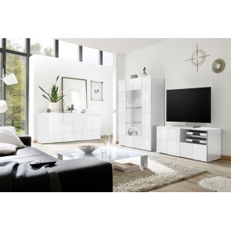 REBECCA - Ensemble Salon Meuble TV 121 cm Blanc Laqué Weiss Relief Damiers