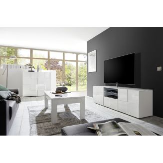 REBECCA - Ensemble Salon complet Meuble TV 181 cm Blanc Laqué Weiss Relief Damiers