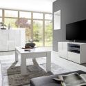 REBECCA - Ensemble Salon complet Meuble TV 121 cm Blanc Laqué Weiss Relief Damiers