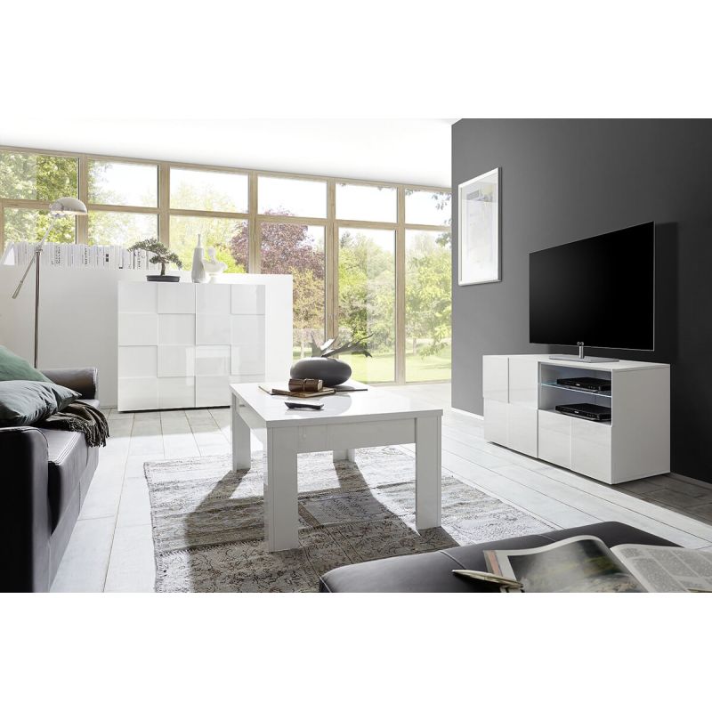 REBECCA - Ensemble Salon complet Meuble TV 121 cm Blanc Laqué Weiss Relief Damiers