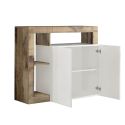 ARTURO - Buffet 2 Portes 3 Tiroirs Blanc Laqué Encadrement Niches Aspect Bois Antik