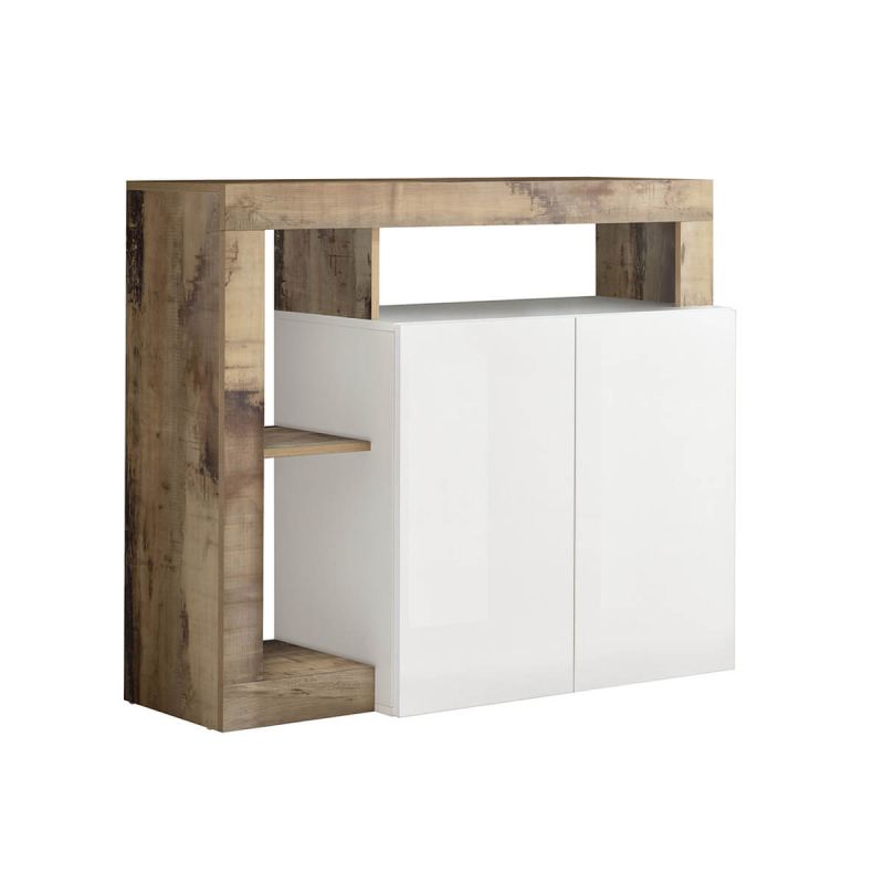 ARTURO - Buffet 2 Portes 3 Tiroirs Blanc Laqué Encadrement Niches Aspect Bois Antik