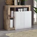 ARTURO - Buffet 2 Portes 3 Tiroirs Blanc Laqué Encadrement Niches Aspect Bois Antik