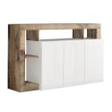 ARTURO - Buffet 3 Portes Blanc Laqué Encadrement Niches Aspect Bois Antik