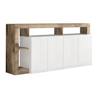 ARTURO - Buffet 4 Portes Blanc Laqué Encadrement Niches Aspect Bois Antik