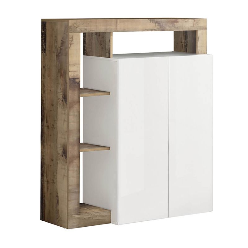 ARTURO - Meuble Bar 2 Portes Blanc Laqué Encadrement Niches Aspect Bois Antik