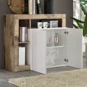 ARTURO - Buffet 2 Portes Blanc Laqué Encadrement Niches Aspect Bois Antik