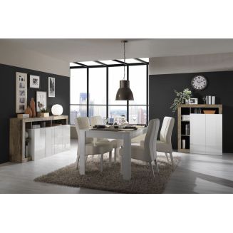 ARTURO - Séjour Complet Table + Buffet 4P Blanc Laqué Niches Aspect Bois Antik