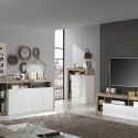 ARTURO - Ensemble Buffet 4P + Meubles TV et Bar Blanc Laqué Niches Aspect Bois Antik