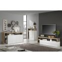 ARTURO - Ensemble Buffet 4P + Meubles TV et Bar Blanc Laqué Niches Aspect Bois Antik