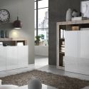 ARTURO - Ensemble Buffet 3P + Meuble Bar Blanc Laqué Niches Aspect Bois Antik