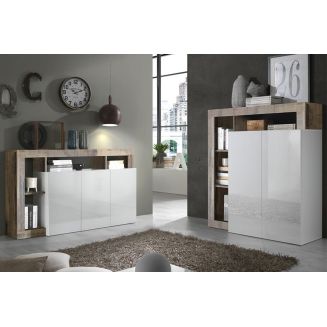 ARTURO - Ensemble Buffet 3P + Meuble Bar Blanc Laqué Niches Aspect Bois Antik