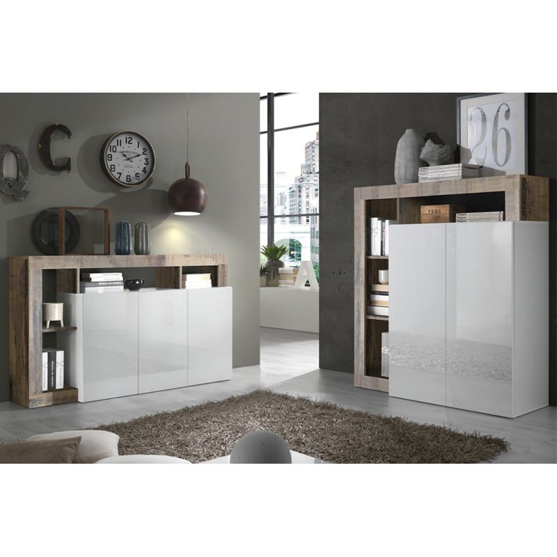 ARTURO - Ensemble Buffet 3P + Meuble Bar Blanc Laqué Niches Aspect Bois Antik