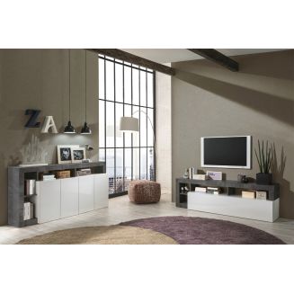 ARTURO - Ensemble Buffet 4P + Meubles TV Blanc Laqué Niches Aspect Oxyde