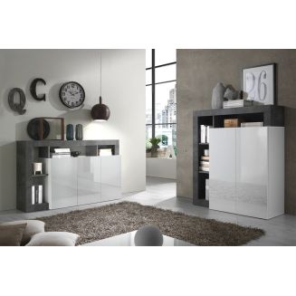 ARTURO - Ensemble Buffet 3P + Meuble Bar Blanc Laqué Niches Aspect Oxyde