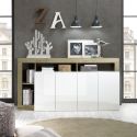 ARTURO - Buffet 4 Portes Blanc Laqué Encadrement Niches Aspect Bois Cadiz