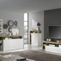 ARTURO - Ensemble Buffet 4P + Meubles TV et Bar Blanc Laqué Niches Aspect Bois Cadiz