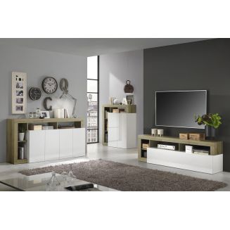 ARTURO - Ensemble Buffet 4P + Meubles TV et Bar Blanc Laqué Niches Aspect Bois Cadiz