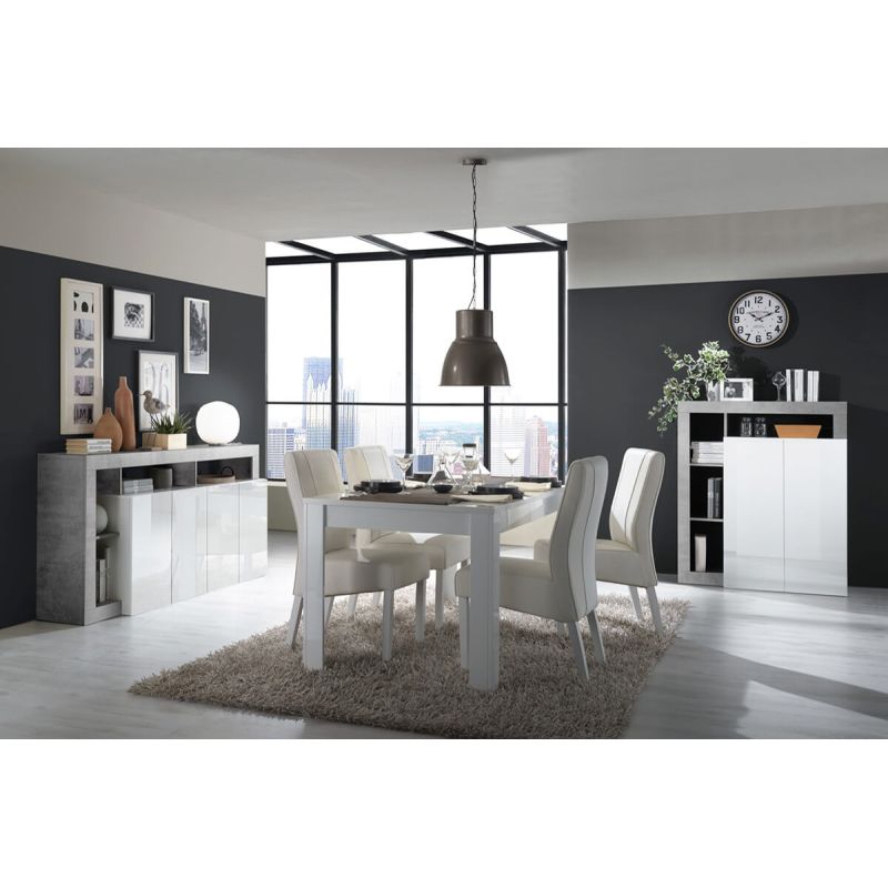 ARTURO - Séjour Complet Table + Buffet 4P Blanc Laqué Niches Aspect Cimento