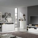 ARTURO - Ensemble Buffet 4P + Meubles TV et Bar Blanc Laqué Niches Aspect Cimento