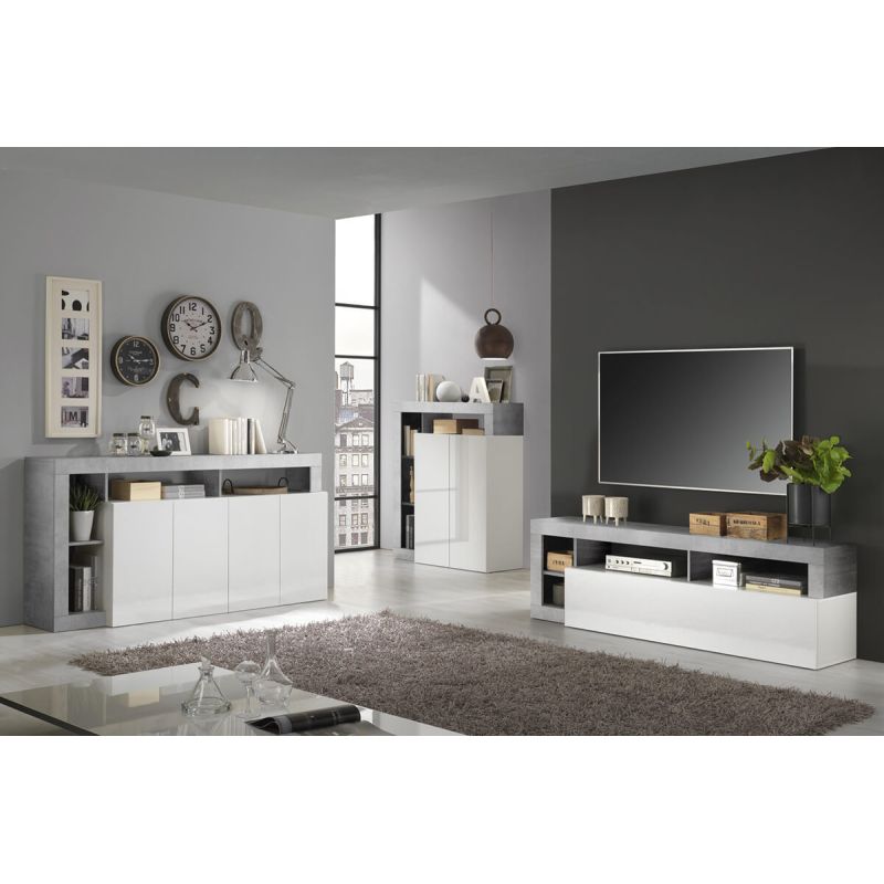 ARTURO - Ensemble Buffet 4P + Meubles TV et Bar Blanc Laqué Niches Aspect Cimento