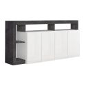 ARTURO - Buffet 4 Portes Blanc Laqué Encadrement Niches Aspect Gris Oxyde